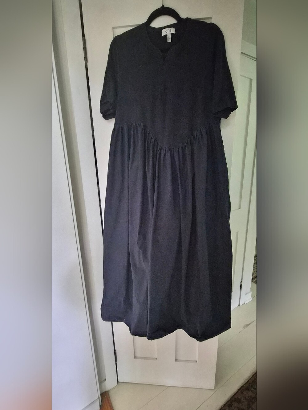 COS Black Balloon Hem Midi Dress Gathered Waist Minimalist Size M